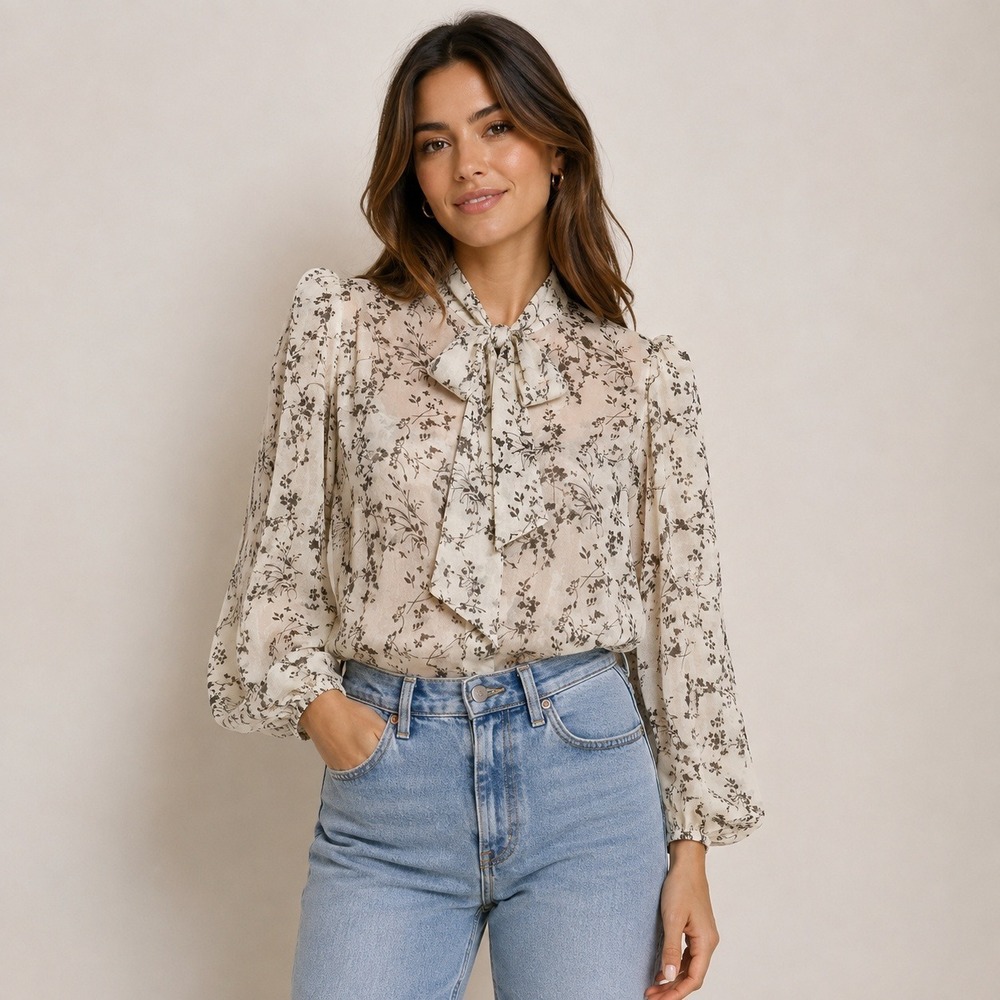 Bardot Allison Floral Top Women Size 6 S White Black New Tie Neck Puff Sleeve